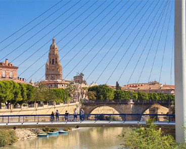 Panorámica del Río Segura con la torre de la Catedral de Murcia de fondo.