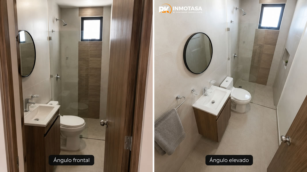Comparativa de ángulos en fotografía inmobiliaria para baño pequeño