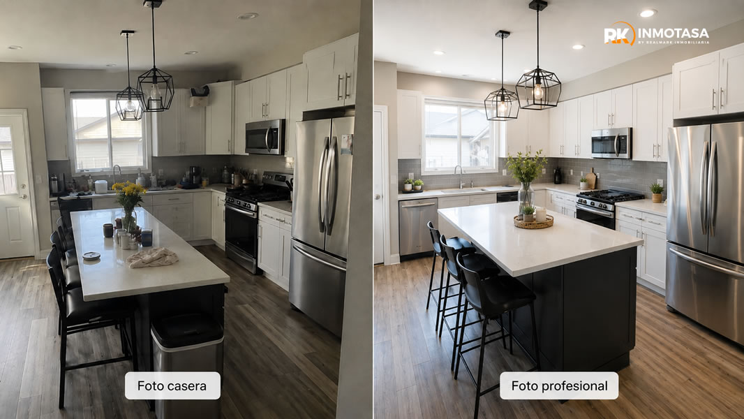 Comparativa de fotografía inmobiliaria en cocina con foto casera y foto profesional